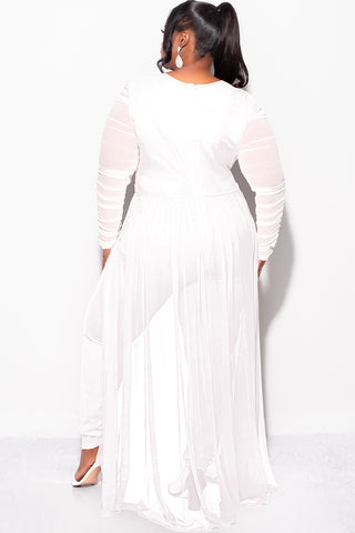 Final Sale Plus Size Mesh Ruched Sleeve Jumpsuit with Attached Long Skirt in Off White