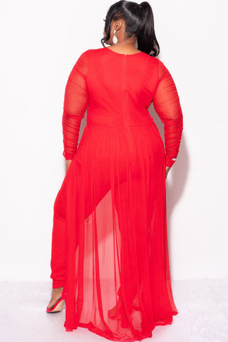 Final Sale Plus Size Mesh Ruched Sleeve Jumpsuit with Attached Long Skirt in Red