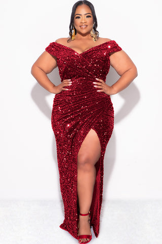 Final Sale Plus Size Off The Shoulder Sequin & Velvet Ruched Gown with Front Slit in Burgundy