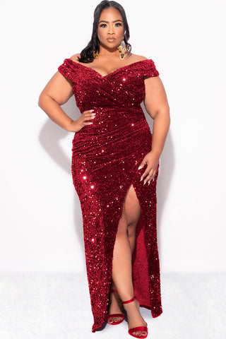 Final Sale Plus Size Off The Shoulder Sequin & Velvet Ruched Gown with Front Slit in Burgundy