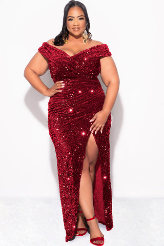 Final Sale Plus Size Off The Shoulder Sequin & Velvet Ruched Gown with Front Slit in Burgundy