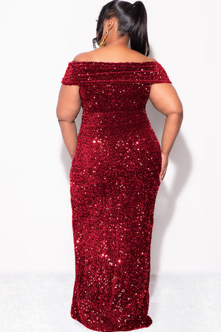 Final Sale Plus Size Off The Shoulder Sequin & Velvet Ruched Gown with Front Slit in Burgundy