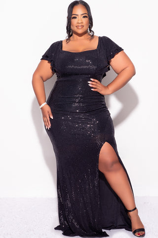 Final Sale Plus Size Confetti Dot Knit Sequin Flutter Sleeve Gown with Side Slit in Black