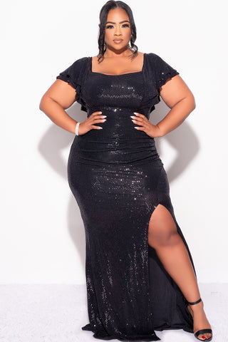 Final Sale Plus Size Confetti Dot Knit Sequin Flutter Sleeve Gown with Side Slit in Black