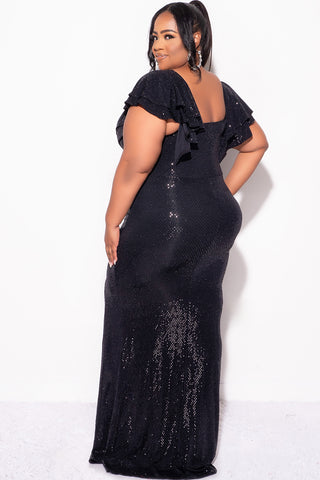 Final Sale Plus Size Confetti Dot Knit Sequin Flutter Sleeve Gown with Side Slit in Black