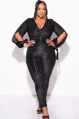 Final Sale Plus Size Deep V Neck Jumpsuit in Black Velvet with Multi-Color Glitter