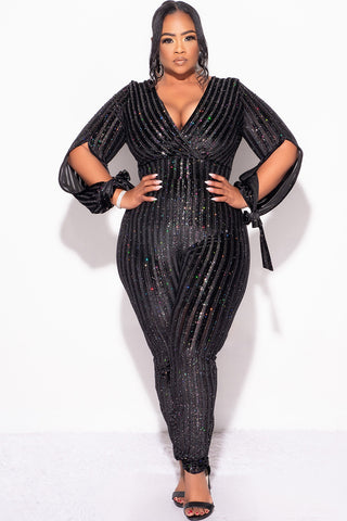 Final Sale Plus Size Deep V Neck Jumpsuit in Black Velvet with Multi-Color Glitter