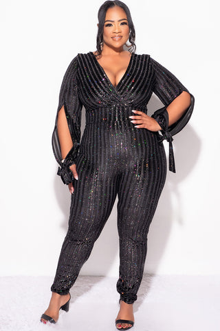 Final Sale Plus Size Deep V Neck Jumpsuit in Black Velvet with Multi-Color Glitter