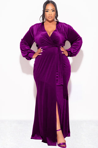 Final Sale Plus Size Faux Wrap Gown with Tie Belt in Eggplant Purple Velvet