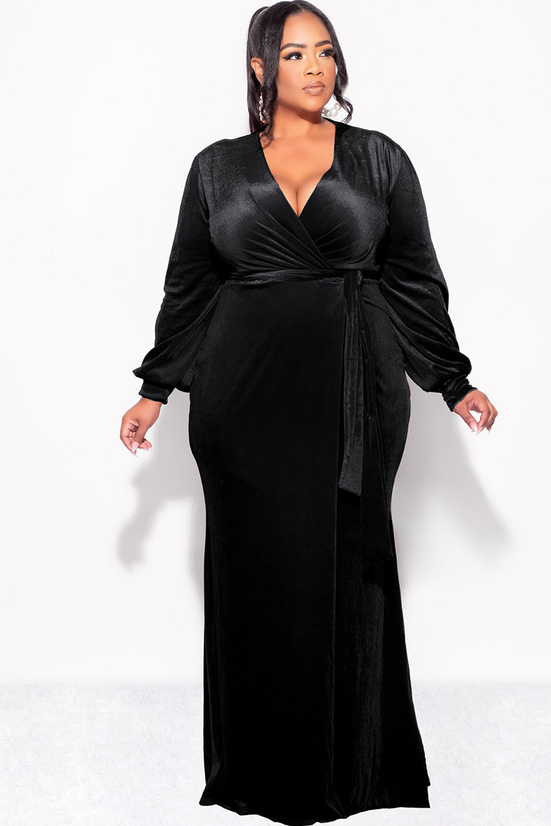 Final Sale Plus Size Faux Wrap Gown with Tie Belt in Black Velvet - 1x 14/16 Final Sale Plus Size Faux Wrap Gown with Tie Belt in Black Velvet - 1x 14/16