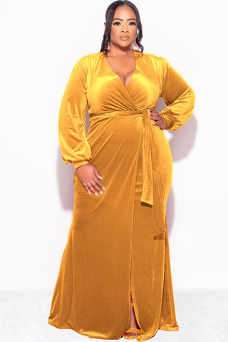 Final Sale Plus Size Faux Wrap Gown with Tie Belt in Dark Mustard Velvet