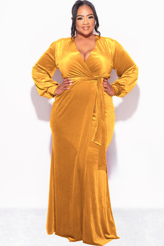 Final Sale Plus Size Faux Wrap Gown with Tie Belt in Dark Mustard Velvet