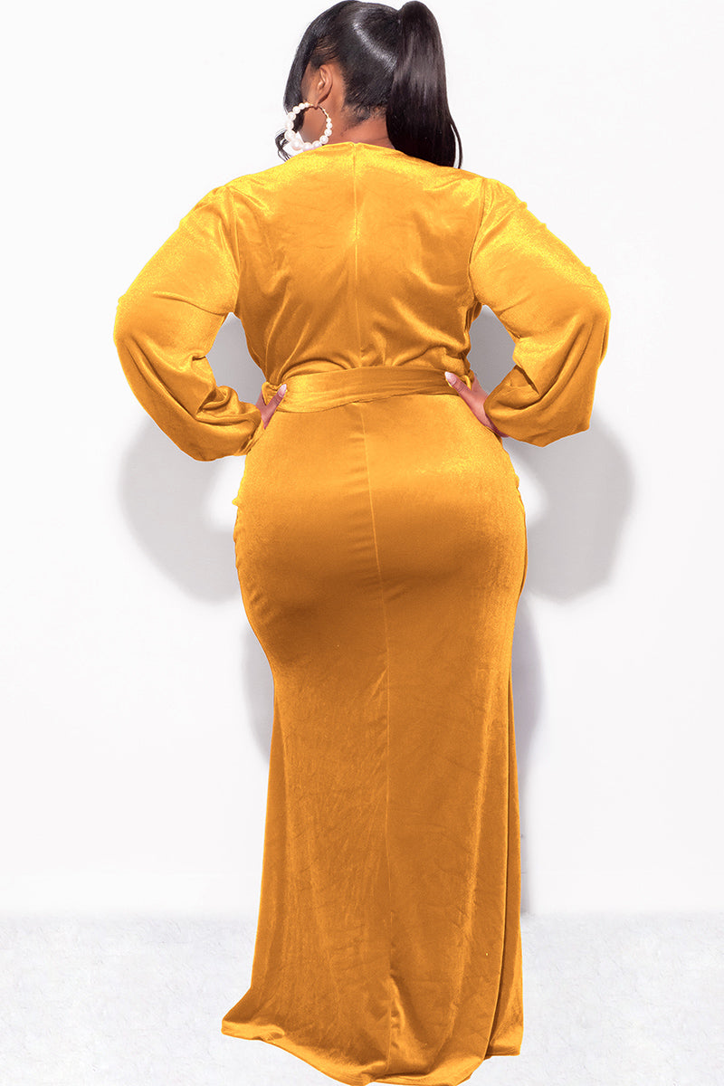 Final Sale Plus Size Faux Wrap Gown with Tie Belt in Dark Mustard Velv Chic And Curvy Final Sale Plus Size Faux Wrap Gown with Tie Belt in Dark Mustard Velv Chic And Curvy