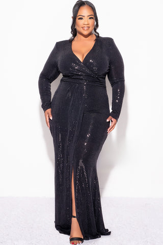 Final Sale Plus Size Confetti Dot Knit Sequin Faux Wrap Gown With Front Slit In Black