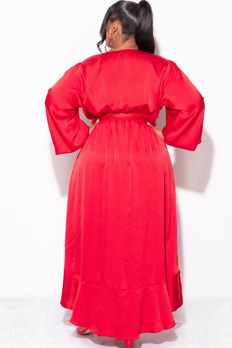 Final Sale Plus Size Faux Wrap High-Low Dress with Waist Tie in Burgun Chic And Curvy Final Sale Plus Size Faux Wrap High-Low Dress with Waist Tie in Burgun Chic And Curvy