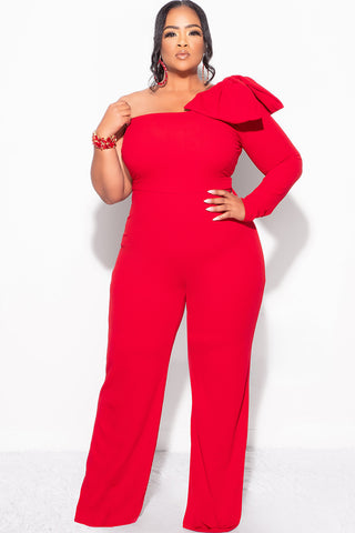 Final Sale Plus Size One Shoulder Long Sleeve Jumpsuit with Bow in Red