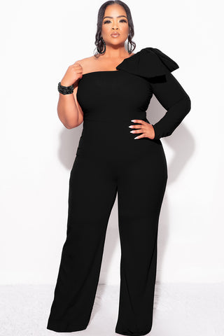 Final Sale Plus Size One Shoulder Long Sleeve Jumpsuit with Bow in Black