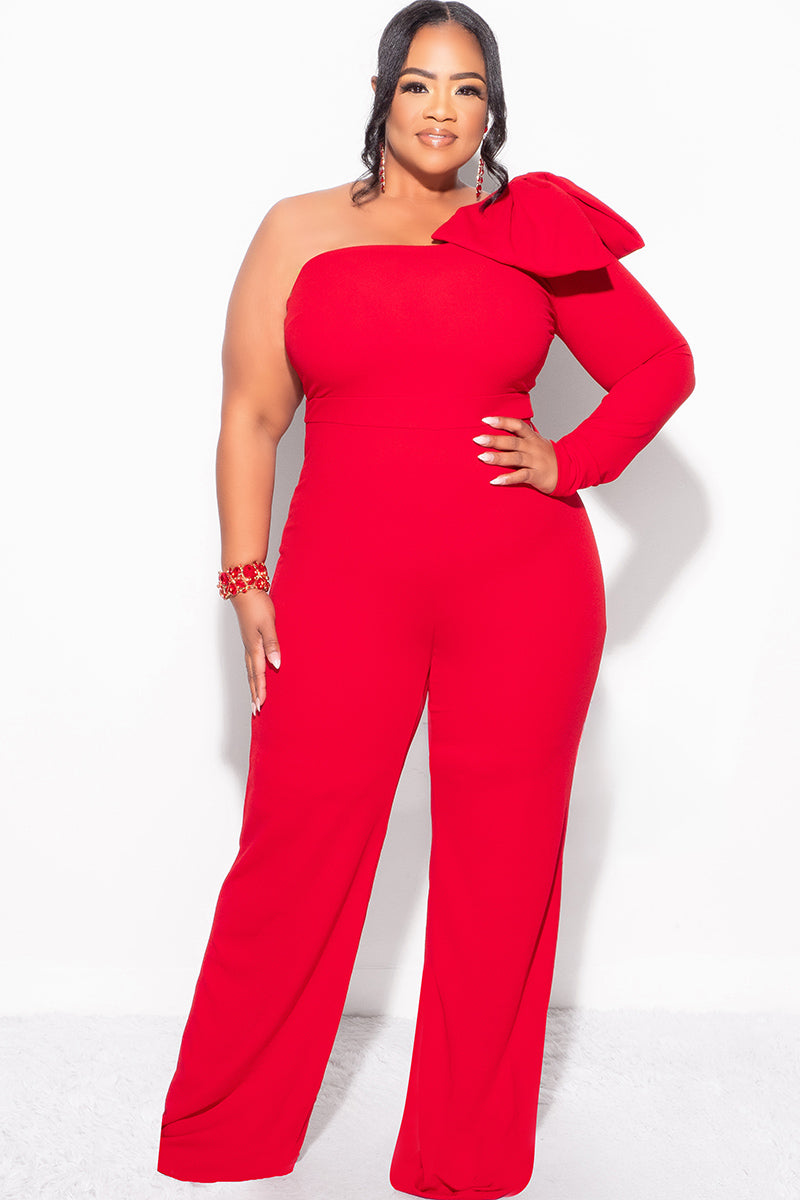 Final Sale Plus Size One Shoulder Long Sleeve Jumpsuit with Bow in Red