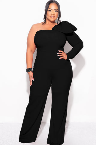 Final Sale Plus Size One Shoulder Long Sleeve Jumpsuit with Bow in Black