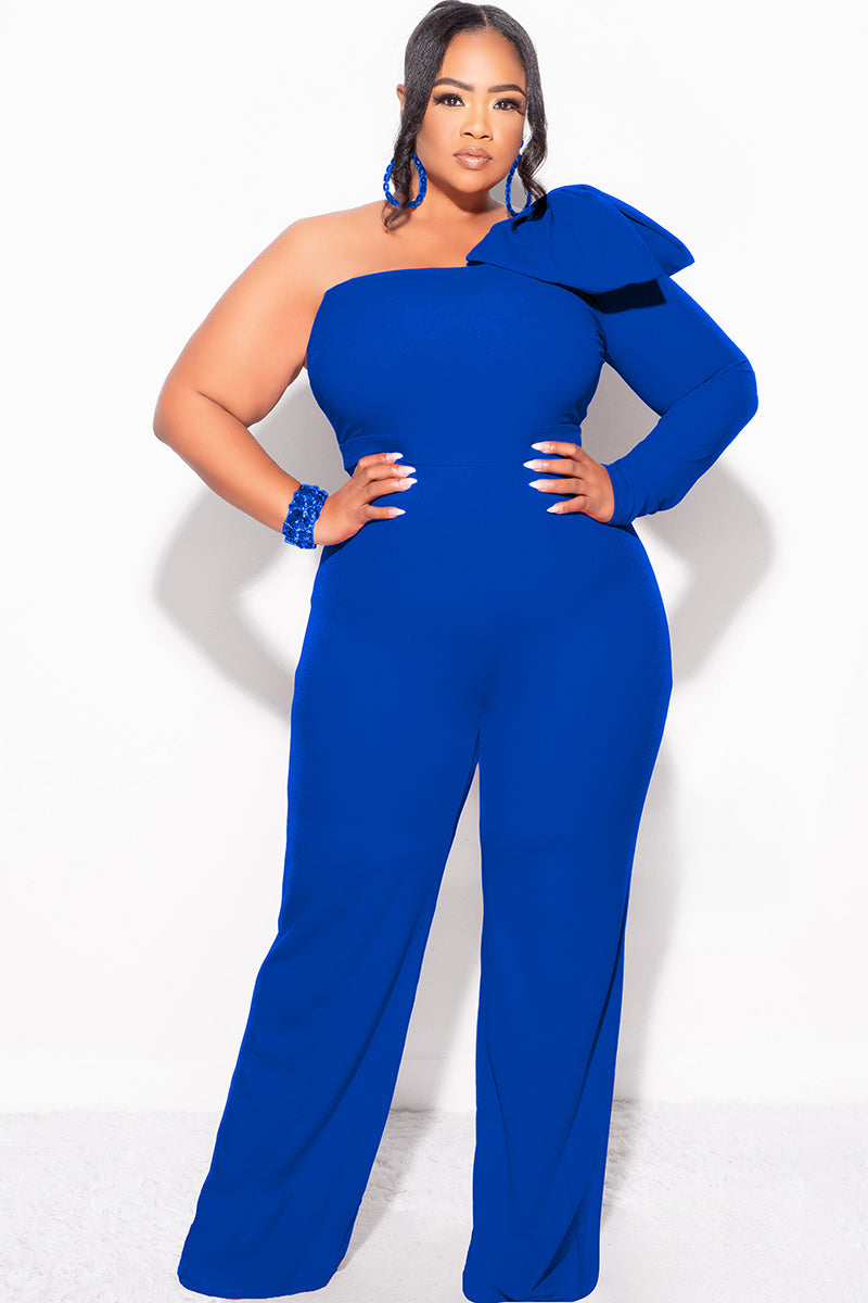 Final Sale Plus Size One Shoulder Long Sleeve Jumpsuit with Bow in Royal Blue