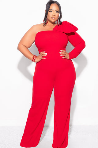 Final Sale Plus Size One Shoulder Long Sleeve Jumpsuit with Bow in Red