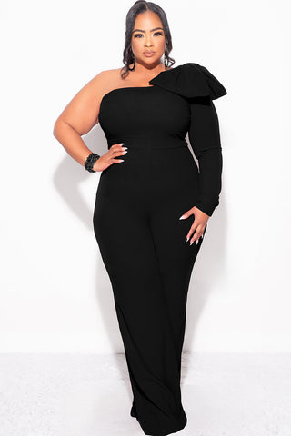 Final Sale Plus Size One Shoulder Long Sleeve Jumpsuit with Bow in Black