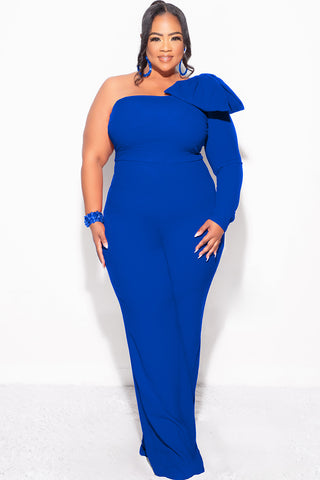 Final Sale Plus Size One Shoulder Long Sleeve Jumpsuit with Bow in Royal Blue