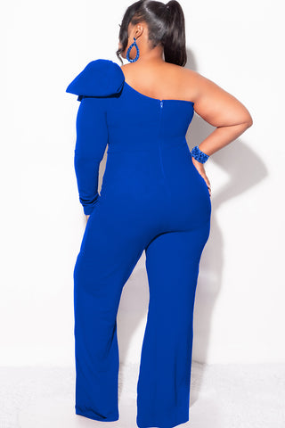 Final Sale Plus Size One Shoulder Long Sleeve Jumpsuit with Bow in Royal Blue