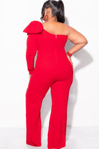 Final Sale Plus Size One Shoulder Long Sleeve Jumpsuit with Bow in Red