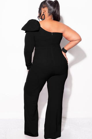 Final Sale Plus Size One Shoulder Long Sleeve Jumpsuit with Bow in Black