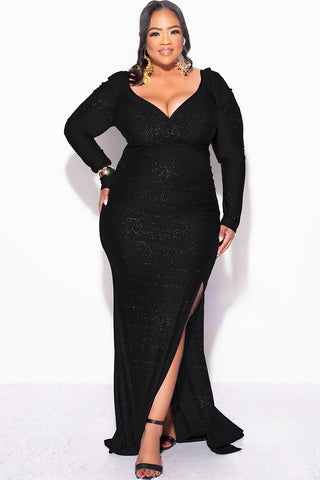 Final Sale Plus Size Off the Shoulder Gown with Ruched Sides and Slit in Black Glitter