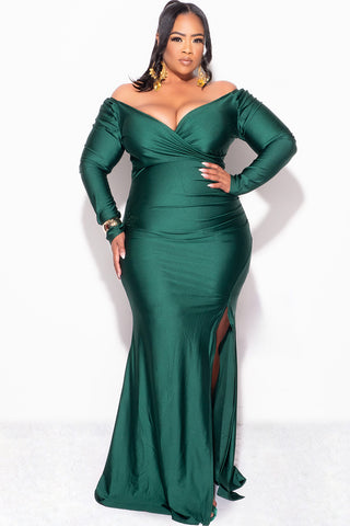 Final Sale Plus Size Shiny Faux Wrap Off the Shoulder Grown in Green