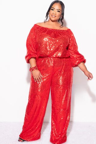 Final Sale Plus Size 2pc Sequin Top and Pants Set in Red