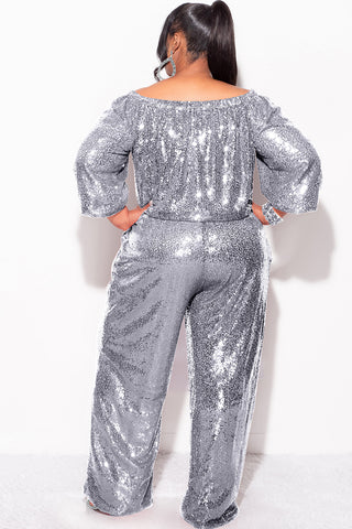 Final Sale Plus Size 2pc Sequin Top and Pants Set in SILVER