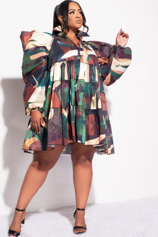 Final Sale Plus Size Puffy Sleeve 3-Tiered Button Up Collar Baby Doll Dress in Green and Brown Multicolor