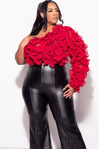 Final Sale Plus Size Ruffled One Shoulder Crop Top in Red