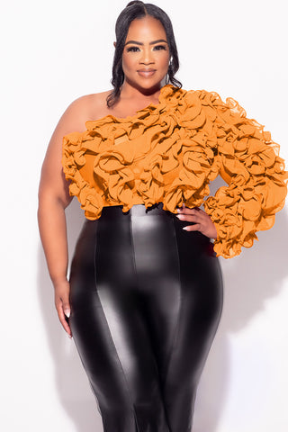 Final Sale Plus Size Ruffled One Shoulder Crop Top in Rust Brown