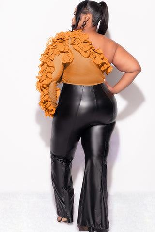 Final Sale Plus Size Ruffled One Shoulder Crop Top in Rust Brown