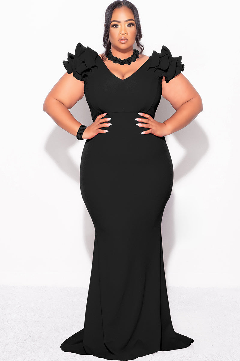 Final Sale Plus Size Gown with Layered Sleeves in Solid Black  (Non-Glitter Fabric)