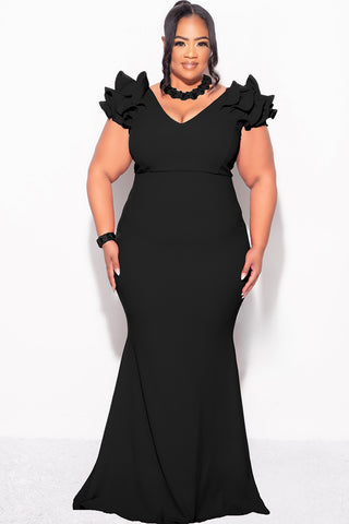 Final Sale Plus Size Gown with Layered Sleeves in Solid Black  (Non-Glitter Fabric)