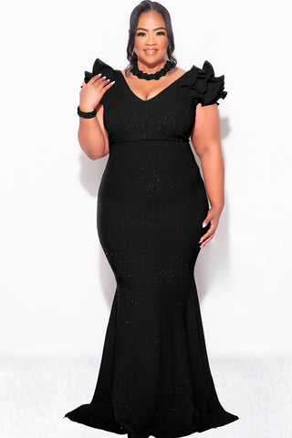 Final Sale Plus Size Gown with Layered Sleeves in Glitter Black Fabric