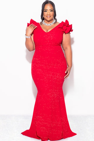 Final Sale Plus Size Gown with Layered Sleeves in Glitter Red Fabric