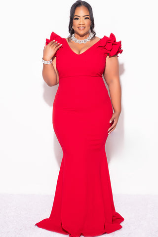 Final Sale Plus Size Gown with Layered Sleeves in Solid Red (Non-Glitter Fabric)