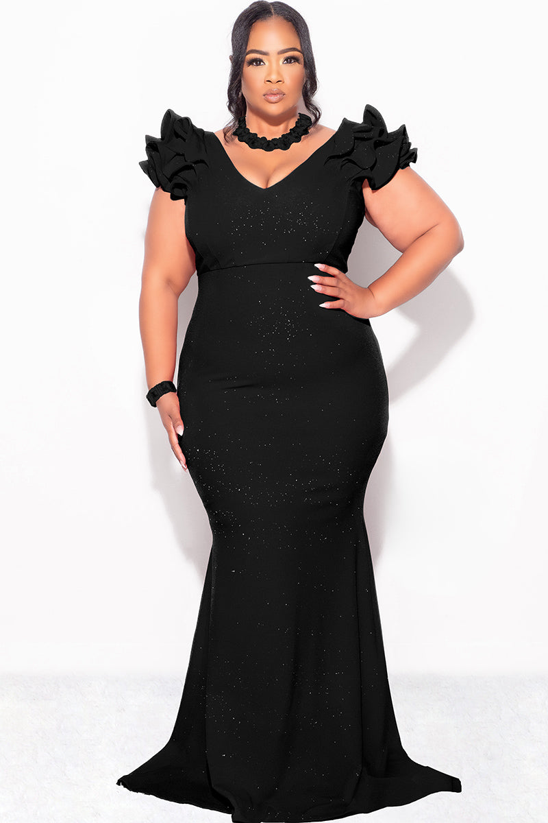 Final Sale Plus Size Gown with Layered Sleeves in Glitter Black Fabric - 1x 14/16 Final Sale Plus Size Gown with Layered Sleeves in Glitter Black Fabric - 1x 14/16