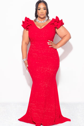 Final Sale Plus Size Gown with Layered Sleeves in Glitter Red Fabric