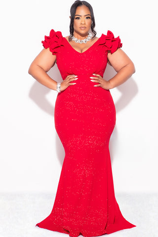 Final Sale Plus Size Gown with Layered Sleeves in Glitter Red Fabric