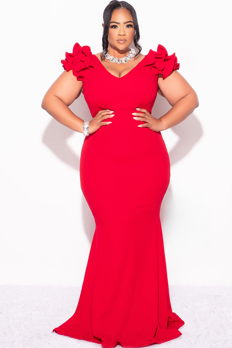 Final Sale Plus Size Gown with Layered Sleeves in Solid Red (Non-Glitt Chic And Curvy Final Sale Plus Size Gown with Layered Sleeves in Solid Red (Non-Glitt Chic And Curvy