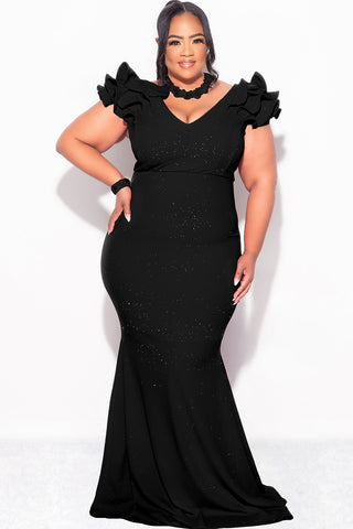 Final Sale Plus Size Gown with Layered Sleeves in Glitter Black Fabric