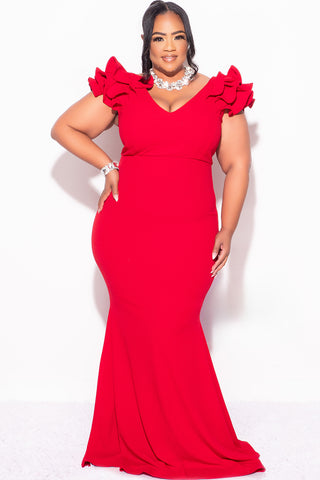 Final Sale Plus Size Gown with Layered Sleeves in Solid Red (Non-Glitter Fabric)