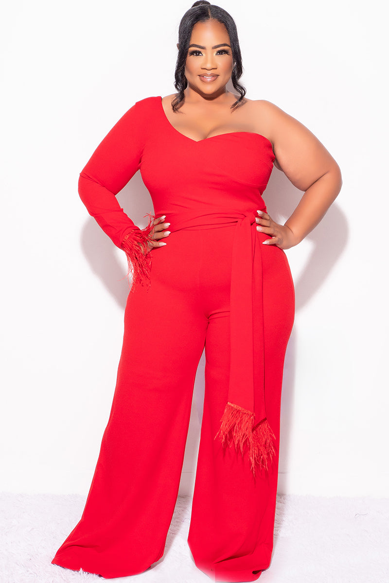 Final Sale Plus Size One Shoulder Long Sleeve Feather Cuff Jumpsuit with Tie in Red